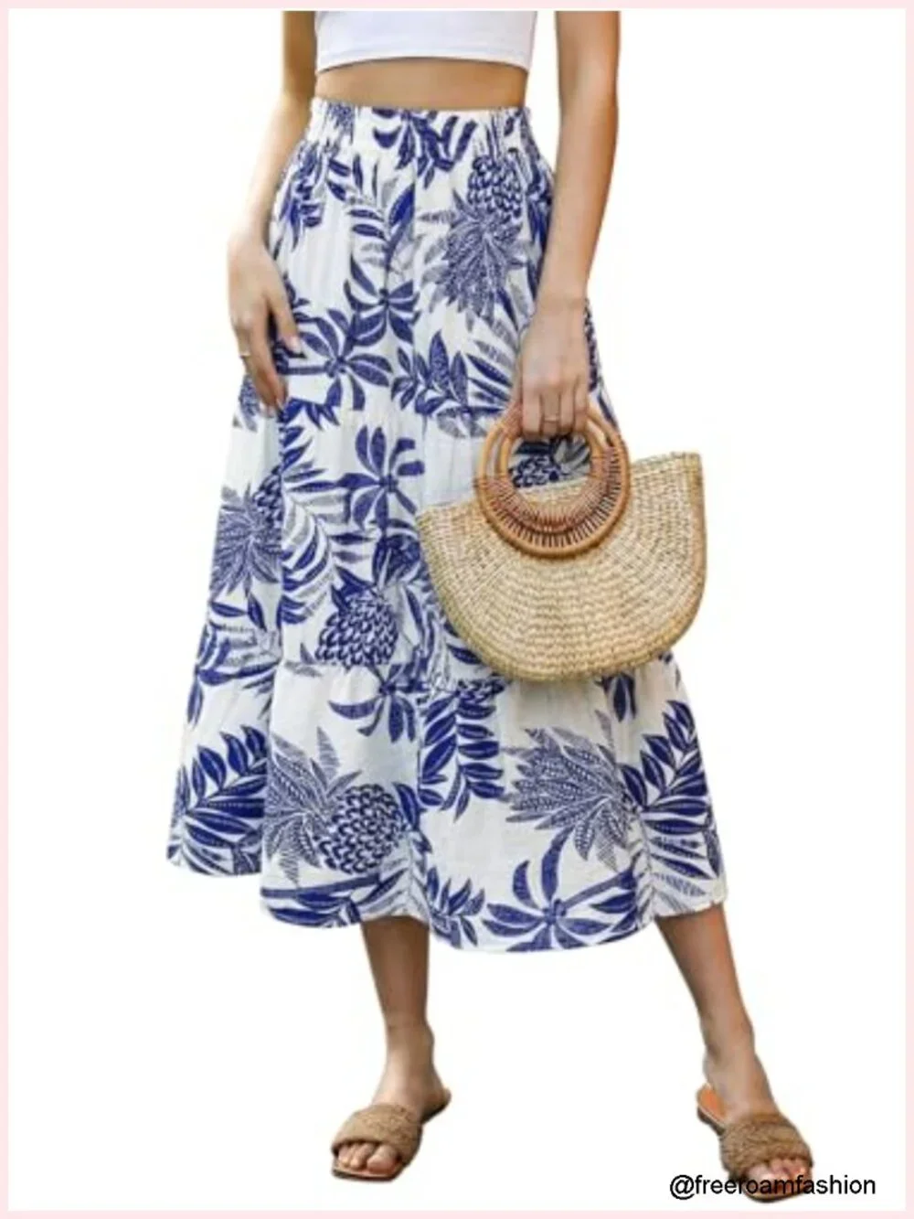 Boho Floral A-Line Midi Skirt, Flowy Tiered High Waist Casual